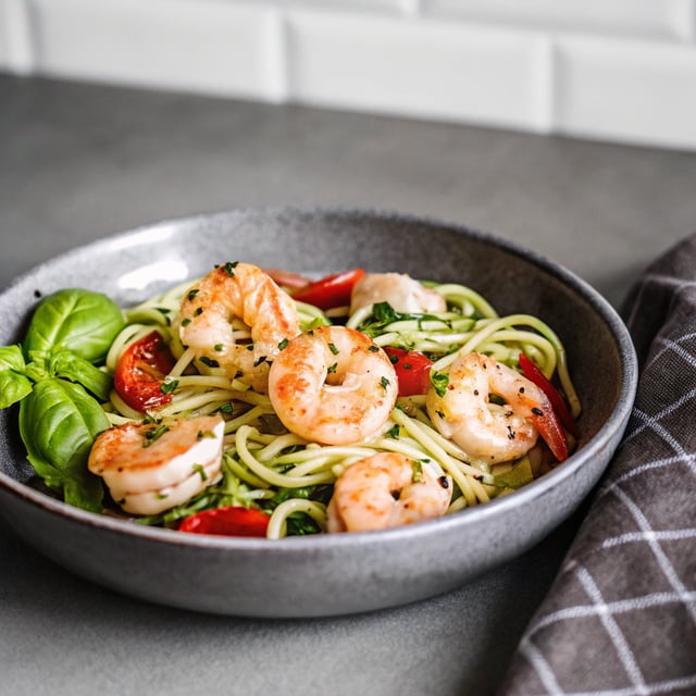 15 Minute Spicy Shrimp with Pesto Noodles
