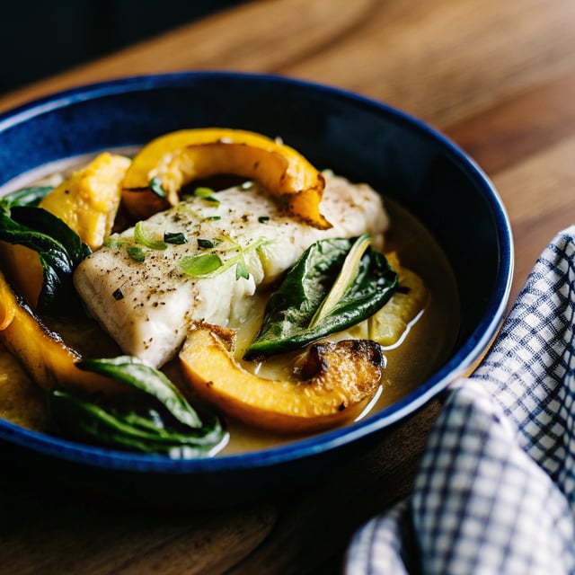 Poached Halibut with Roasted Bok Choy & Acorn Squash in Coconut Broth