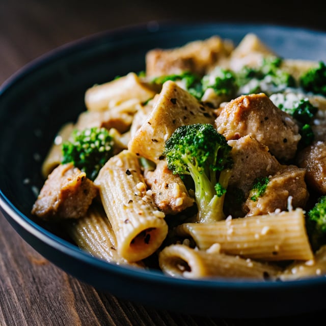 20 Minute Garlic Parmesan Rigatoni with Chicken Sausage & Broccoli