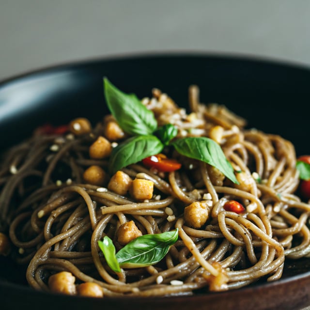 30 Minute Vegan Stir Fry Sesame Noodles with Chickpeas & Basil