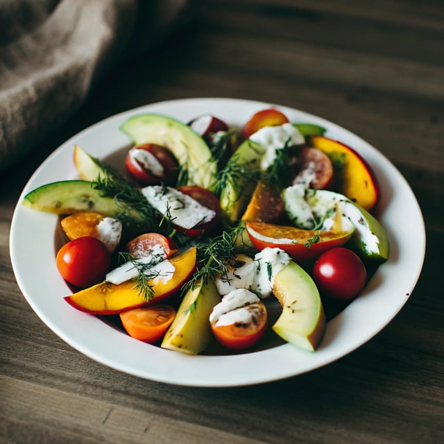 Avocado Peach Tomato Salad with Dilly Tahini Dressing