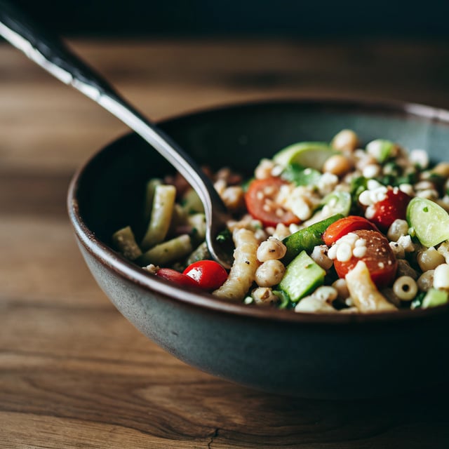 Avocado Tomato Chickpea Pasta Salad with Lemon Basil Vinaigrette