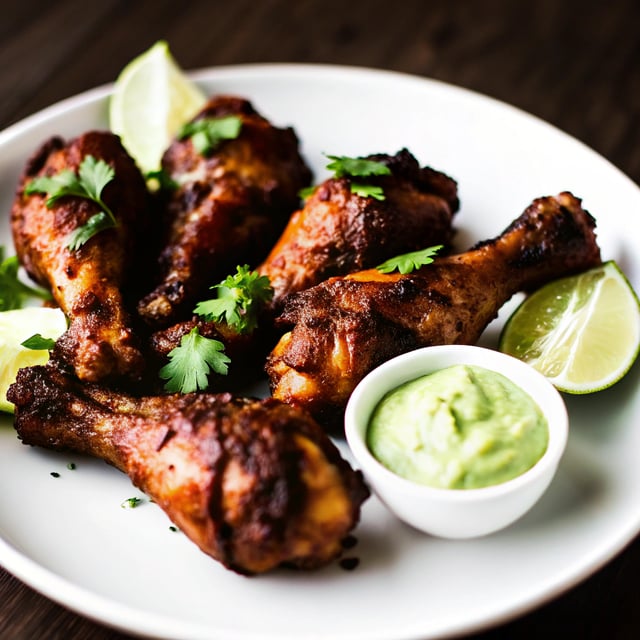 Baked Peruvian-Inspired Chicken Drumsticks with Avocado Lime Dipping Sauce