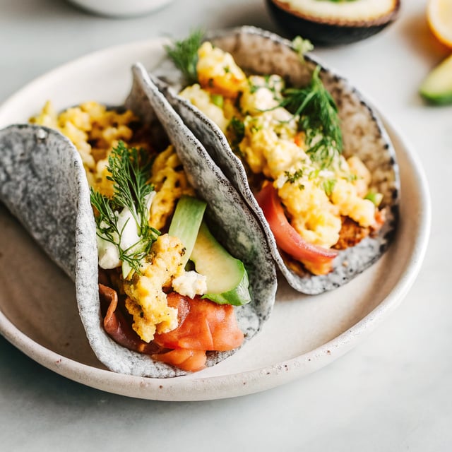 Blue Corn Breakfast Tacos with Scrambled Eggs, Smoked Salmon, Avocado + Dill