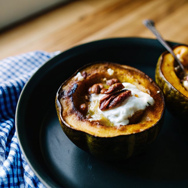Breakfast Baked Acorn Squash with Greek Yogurt, Honey & Pecans