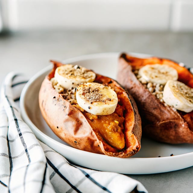 Breakfast Baked Sweet Potatoes with Almond Butter, Banana & Chia