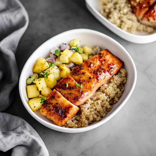 Brown Sugar Honey Marinated Salmon with Caramelized Pineapple Quinoa