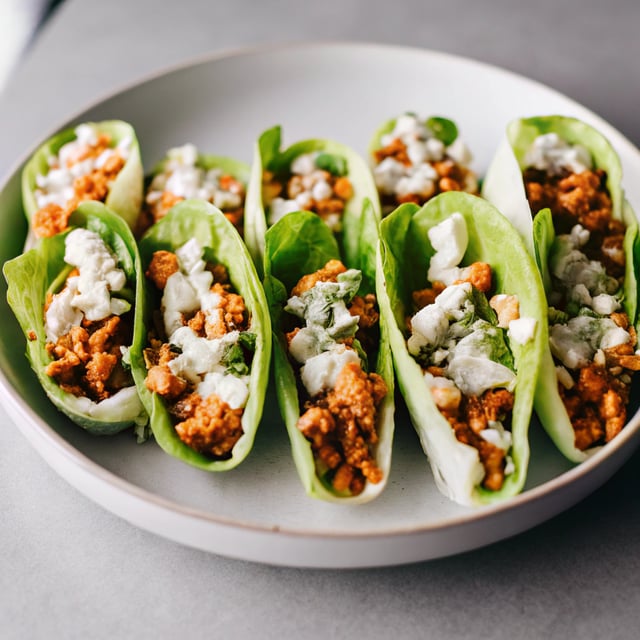 Buffalo Chicken Lettuce Wraps with Avocado & Blue Cheese Sauce
