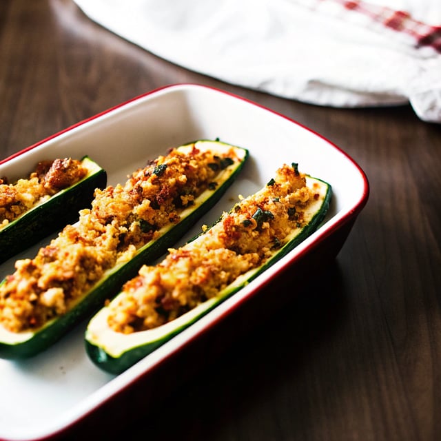 Buffalo Mac and Cheese Stuffed Zucchini Boats