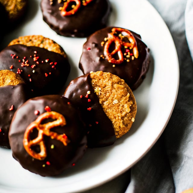 Chocolate-Dipped Peanut Butter Cookies with Toffee & Crushed Pretzels