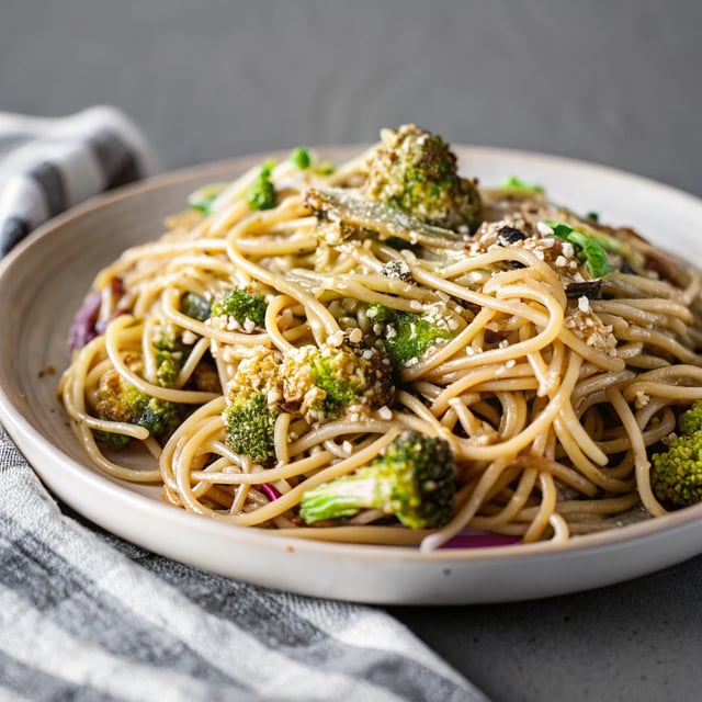 Crispy Broccoli Sweet and Spicy Sesame Tahini Noodles