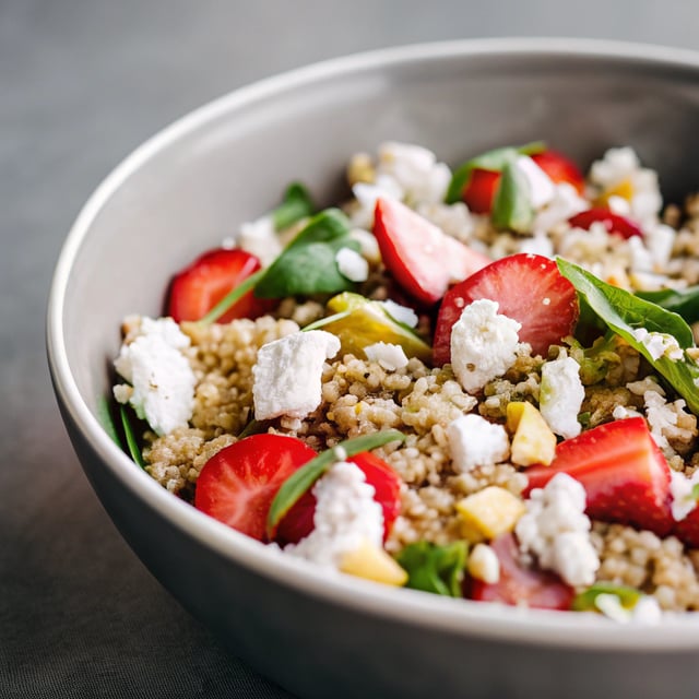 Fresh Strawberry Basil Quinoa Salad with Goat Cheese, Sunflower Seeds & Lemon Vinaigrette