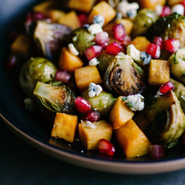 Garlic Chili-Maple Roasted Butternut Squash & Brussels Sprouts with Pomegranate + Gorgonzola