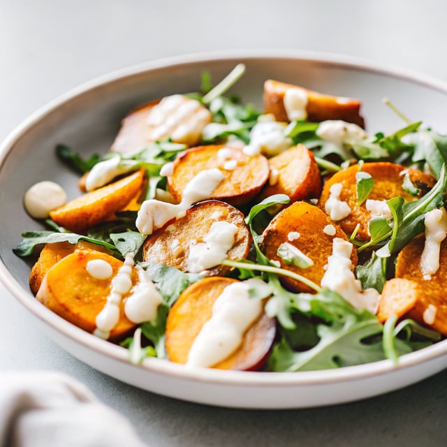 Garlic Roasted Sweet Potato & Arugula Salad with Turmeric Honey Mustard Yogurt Dressing