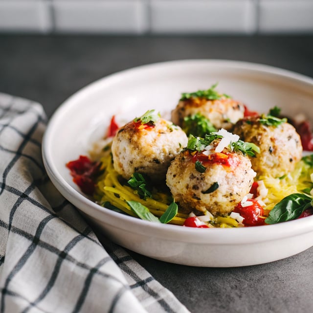 Goat Cheese Stuffed Chicken Meatballs with Spaghetti Squash & Basil Gremolata Salad