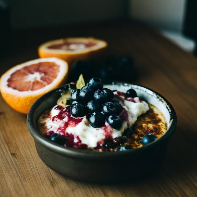Grapefruit Brûlée with Yogurt and Blueberry Sauce