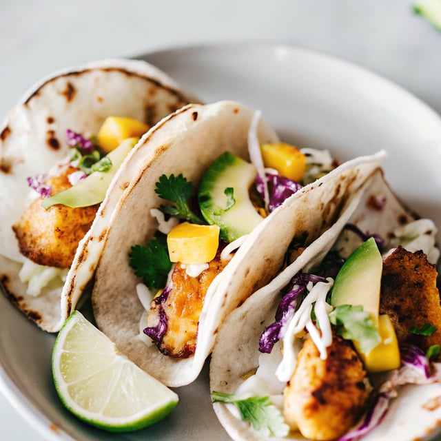 Grilled Chili-Lime Fish Tacos with Sour Cream Cabbage Slaw + Mango & Avocado