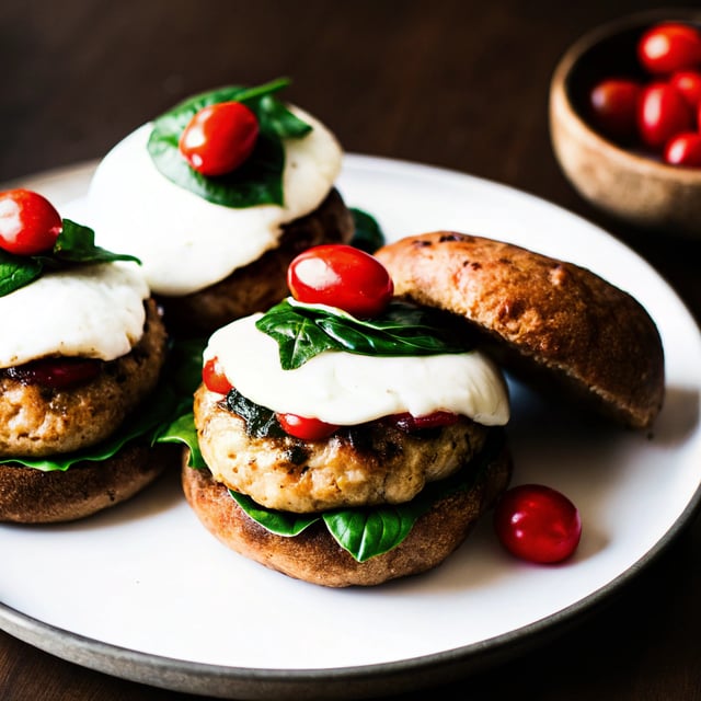 Healthy Chicken Burgers with Spinach Basil Pesto & Mozzarella