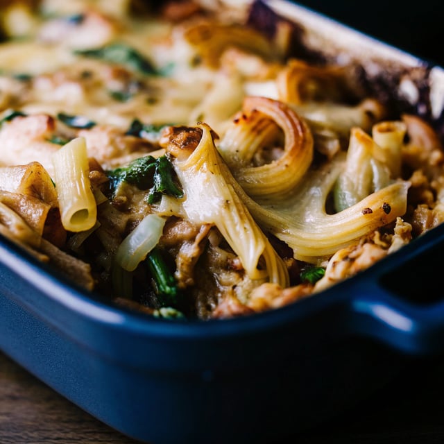 Incredible Caramelized Onion Spinach Chicken Pasta Bake