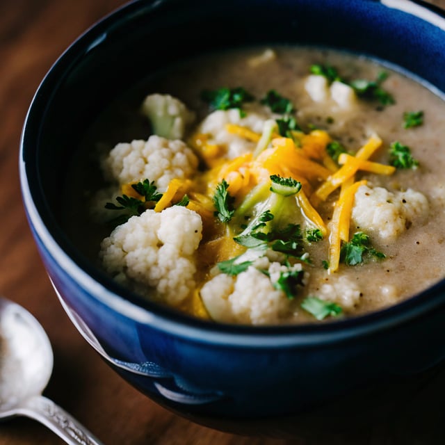Lightened Up Cheddar Cauliflower Broccoli Soup