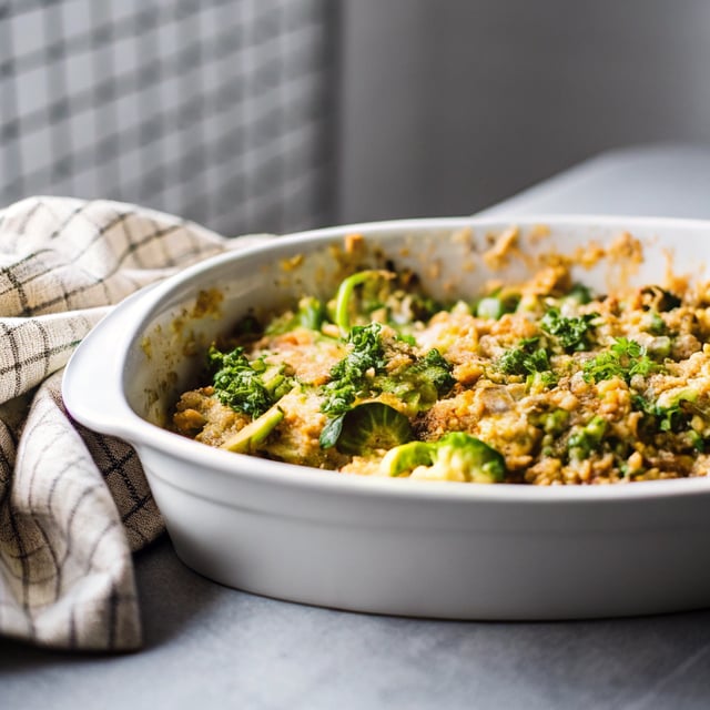 Mushroom & Brussels Sprouts Au Gratin with Crispy Parmesan Walnut Panko ‘Fried’ Onion