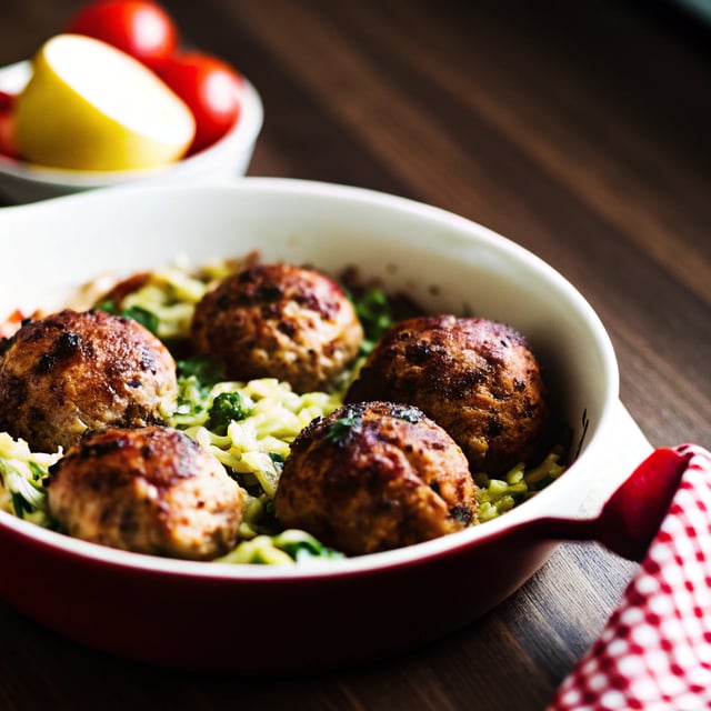 One Pan Baked Pesto Orzo with Chicken Meatballs