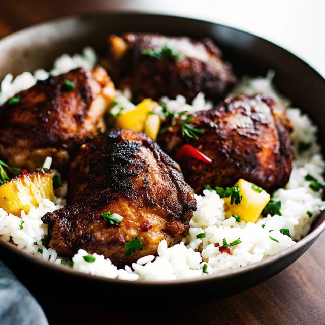 One Pan Caribbean Jerk Chicken with Pineapple-Coconut Rice