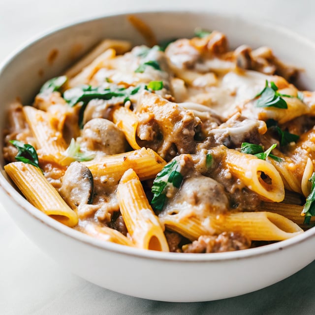 One Pot Cheesy Mushroom Spinach Beef Pasta