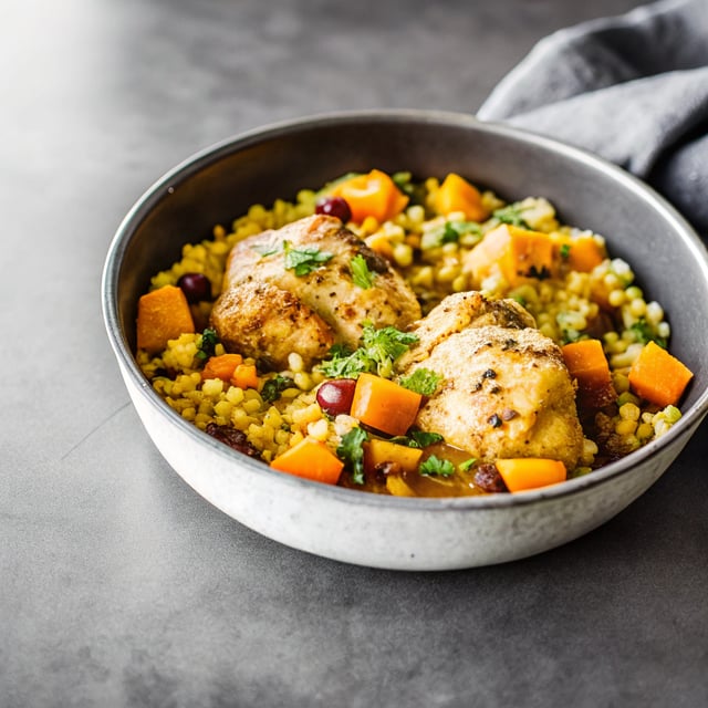 One Pot Moroccan-Spiced Chicken Stew with Sweet Potato & Couscous