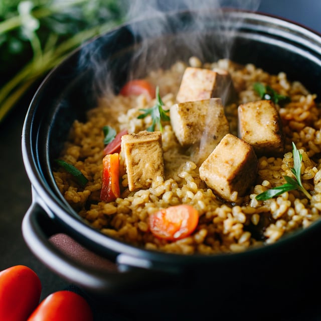One Pot Vegan Coconut Curried Brown Rice with Tofu