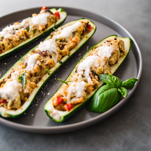 Pesto Chicken Stuffed Zucchini Boats
