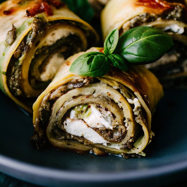Pesto Mushroom Chicken Lasagna Roll Ups
