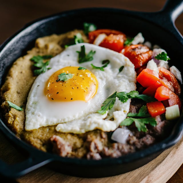 Polenta, Refried Beans & Egg Skillet Bake