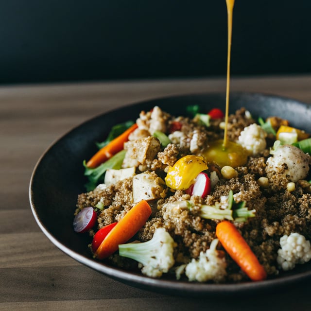 Roasted Carrot Cauliflower Quinoa Salad with Sunshine Dressing
