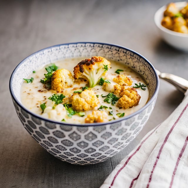 Roasted Garlic Cheddar Cauliflower Soup