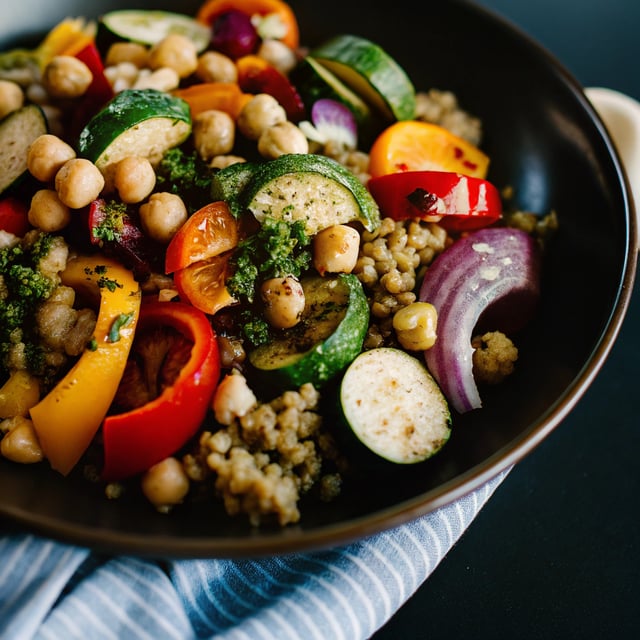 Roasted Veggie, Chickpea & Pesto Quinoa Salad