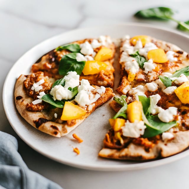 Rotisserie Chicken Naan Pizza with Spinach, Queso Fresco, & Fire-Roasted Tomato-Mango Chutney Sauce