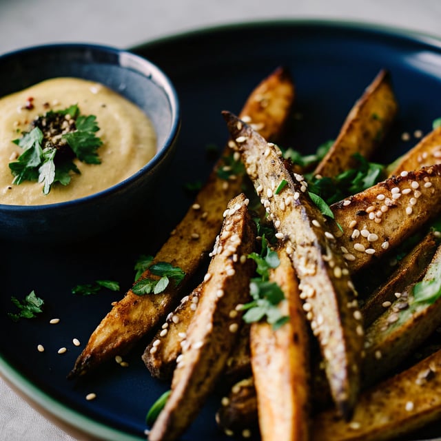 Sesame Garlic Grilled Sweet Potato Fries with Yogurt Curry Dip