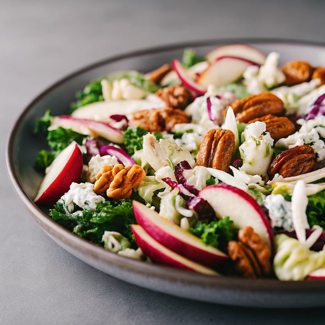 Shredded Brussels Sprouts & Kale Salad with Apple, Gorgonzola & Candied Pecans