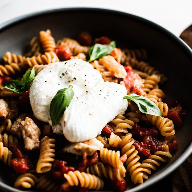 Skillet Cheesy Chicken Rotini with Homemade Tomato Basil Sauce + Burrata