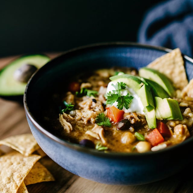 Slow Cooker Salsa Verde Chicken Chickpea Chili