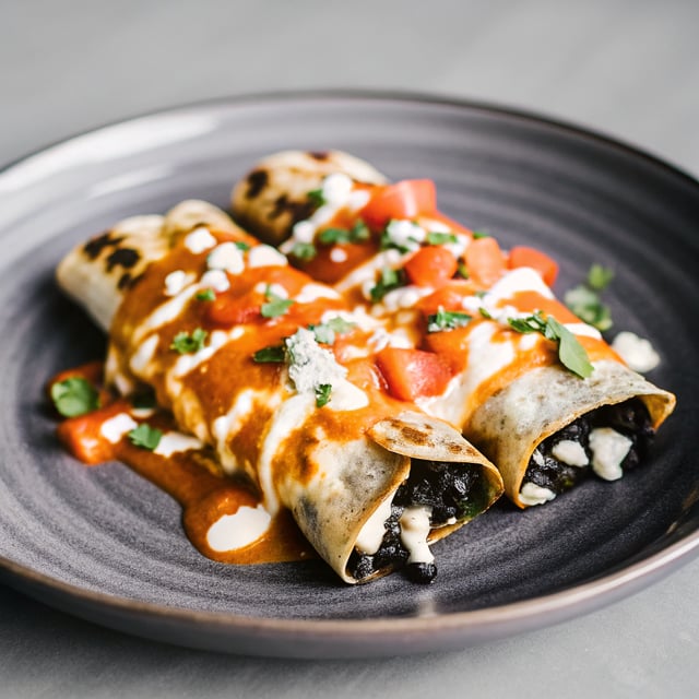 Spicy Black Bean Chicken Enchiladas with Pumpkin Sour Cream Sauce