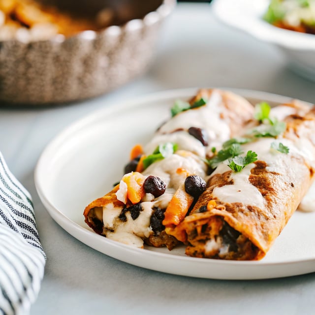 Spicy Butternut Squash Black Bean Enchiladas with Chipotle Greek Yogurt Sauce