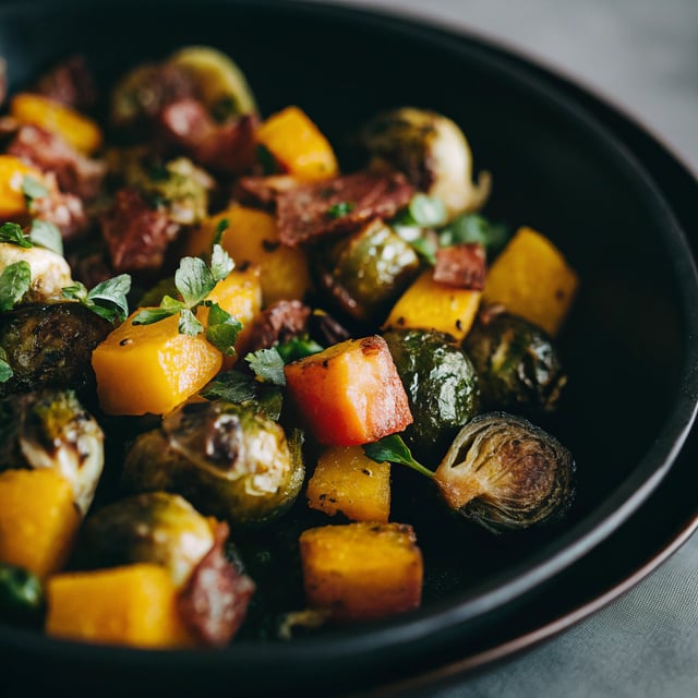 Spicy Maple Roasted Butternut Squash & Brussels Sprouts with Crispy Bacon