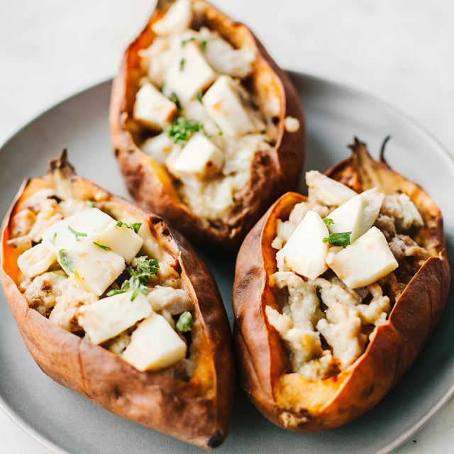 Stuffed Sweet Potatoes with Turkey, Caramelized Onions & Apple