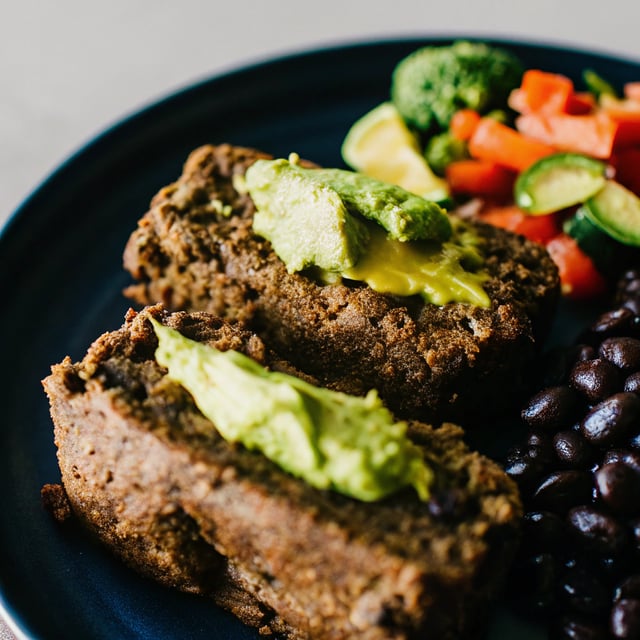 The Most Delicious Meatless Black Bean Meatloaf with Creamy Avocado Verde Sauce (vegan, gluten free)
