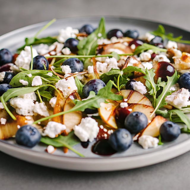 Toasted Almond & Blueberry Arugula Salad with Goat Cheese + Blueberry Balsamic Vinaigrette