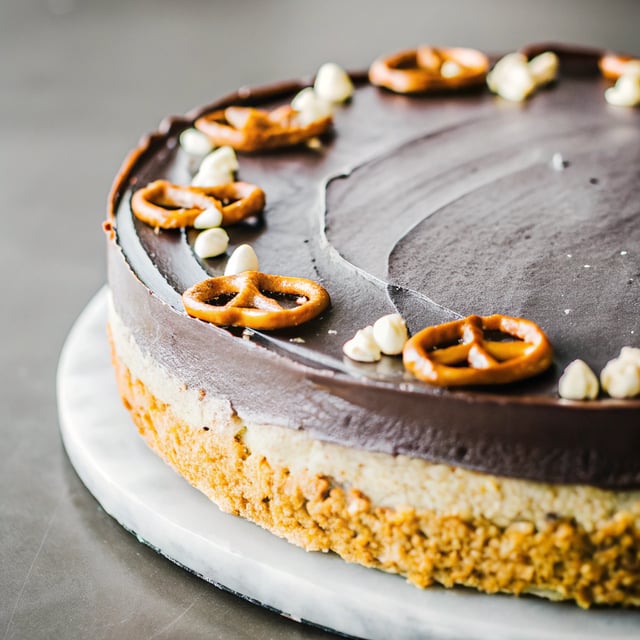 Vegan Dark Chocolate Tofu Cheesecake with Peanut Butter Pretzel Crust