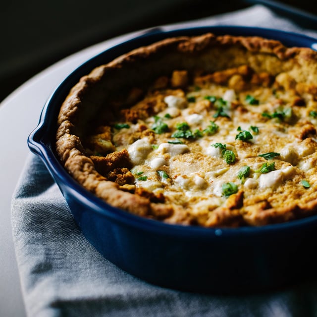 White Chicken Chili Pie with Pumpkin Cornbread Crust