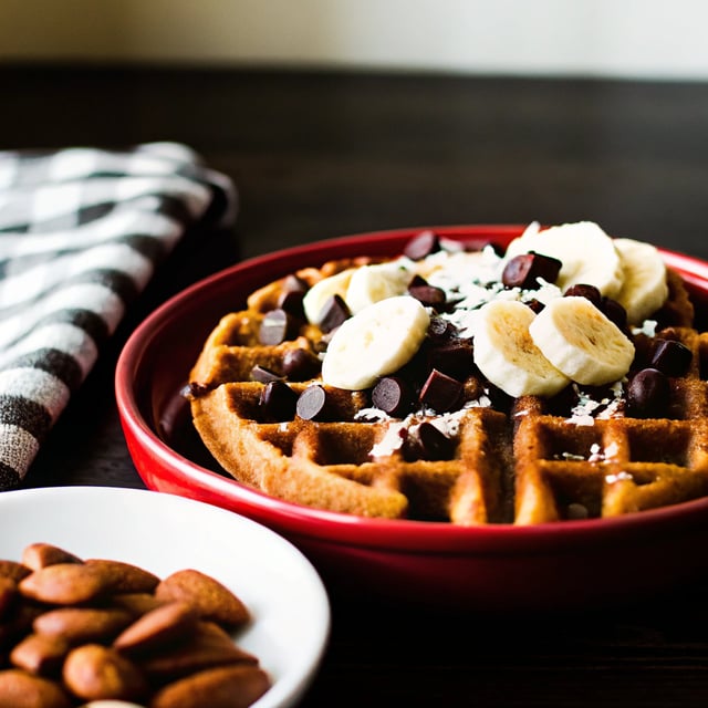 Whole Wheat Coconut Banana Waffles with chocolate chips & roasted almonds